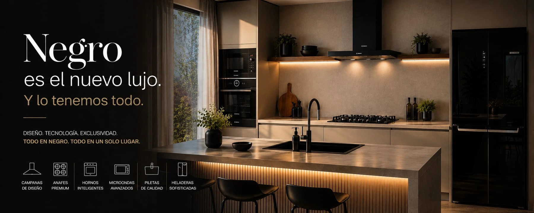 Cocina premium con electrodomésticos en negro — Kaliteknos Cocina premium con electrodomésticos en negro — Kaliteknos