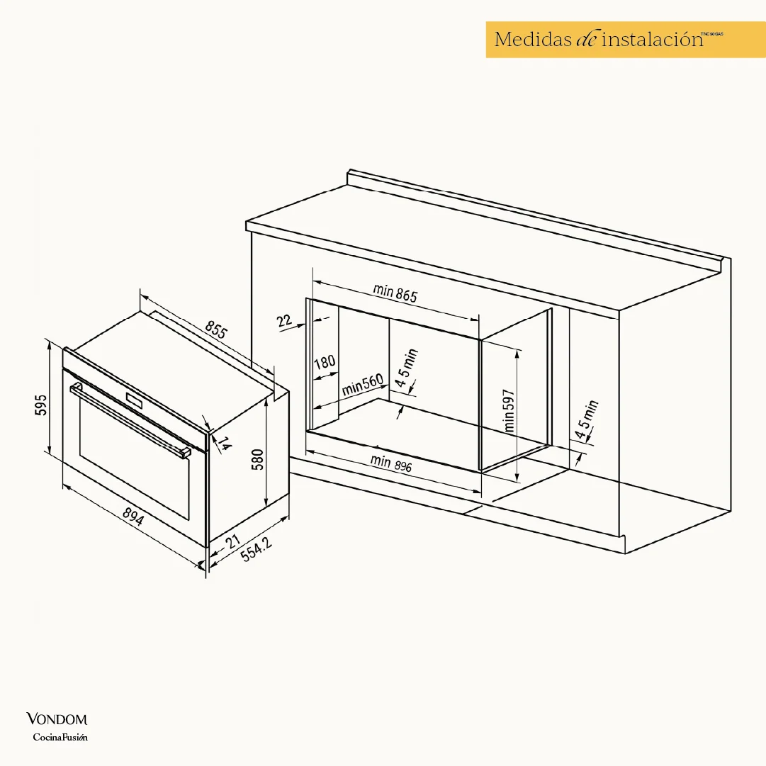 Horno a Gas Empotrable VONDOM - 90 cm/ 133 Litros/ TNC90GAS - Imagen 6